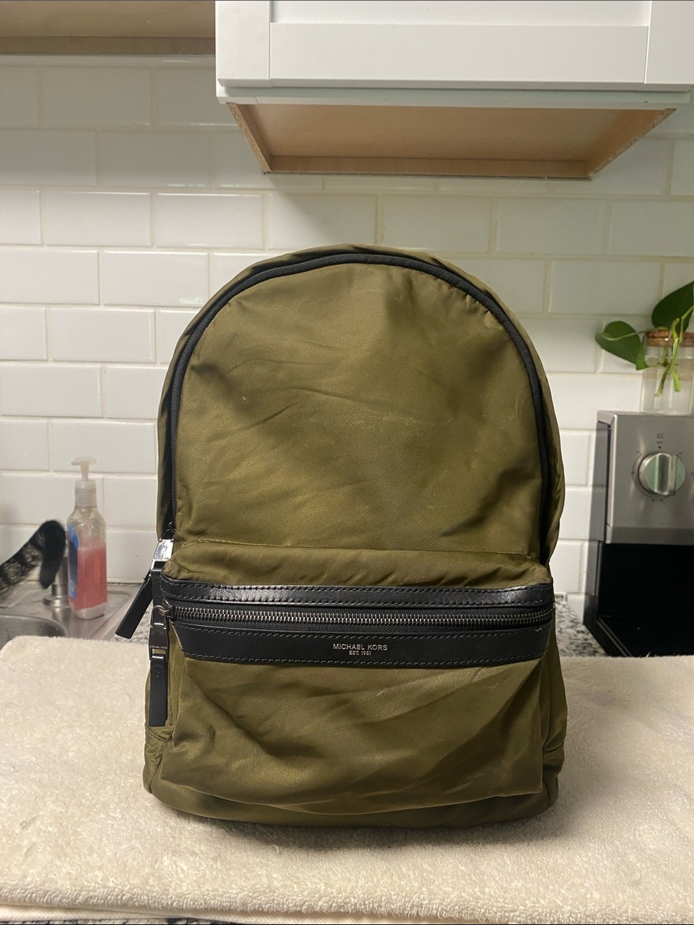 Michael Kors Olive Nylon Backpack with Black Trim